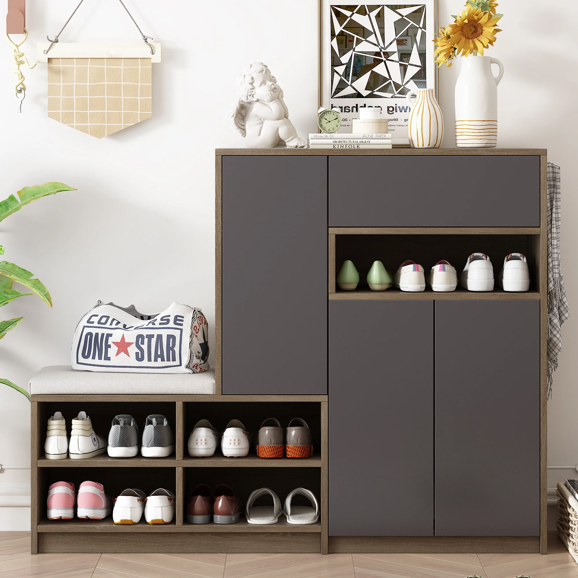 EUROCO 55.10" 2-in-1 Multi-Functional Shoe Cabinets up to 26 pairs, Shoe Storage Bench Versatile Shoe Storage with Padded Seat