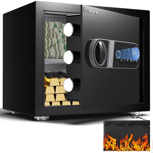 Biometric Safe, Fingerprint Home Safe Box with Fireproof Waterproof Bag & Key, 1.4 Cu ft Security Money Safe for Cash, Jewelry, Valuables