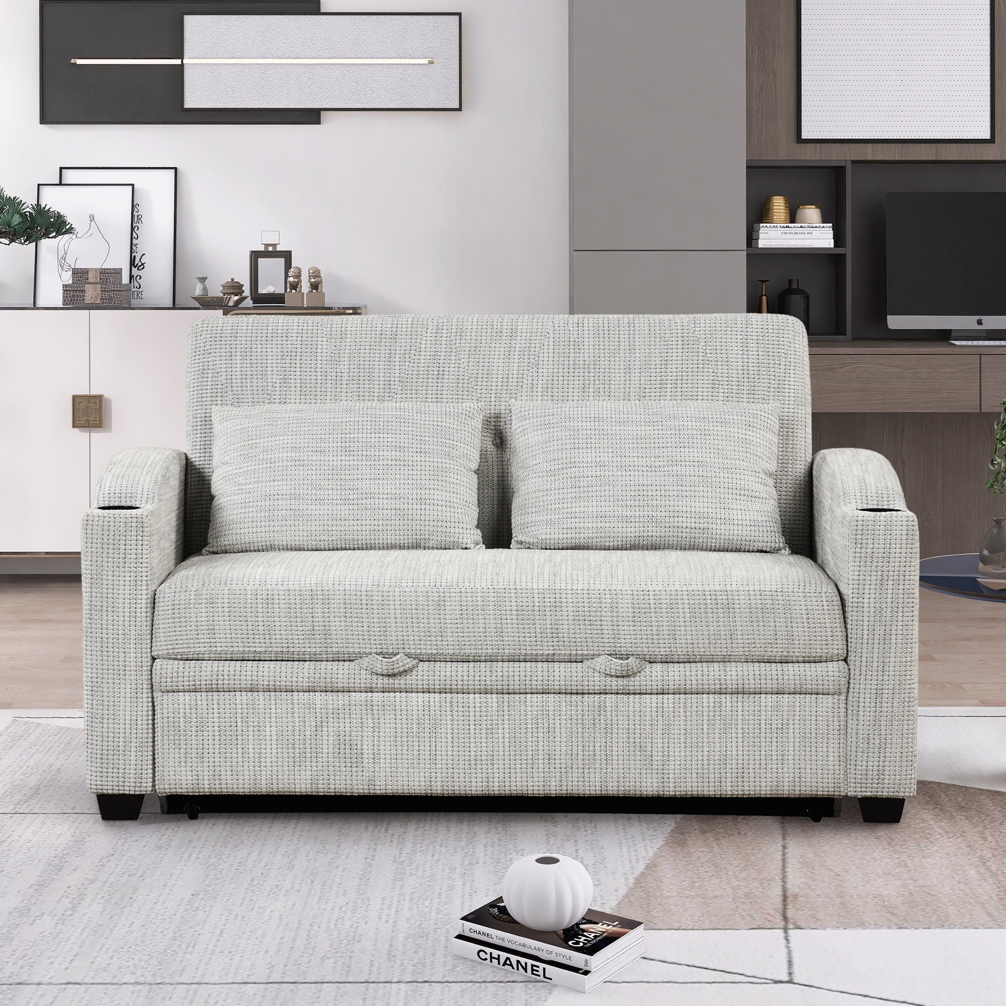65" Pull Out Sofa Bed Modern Chenille Convertible Loveseat Sofa with Adjsutable Backrest, 2 Pillows, Cup Holders, USB Ports for Living Room