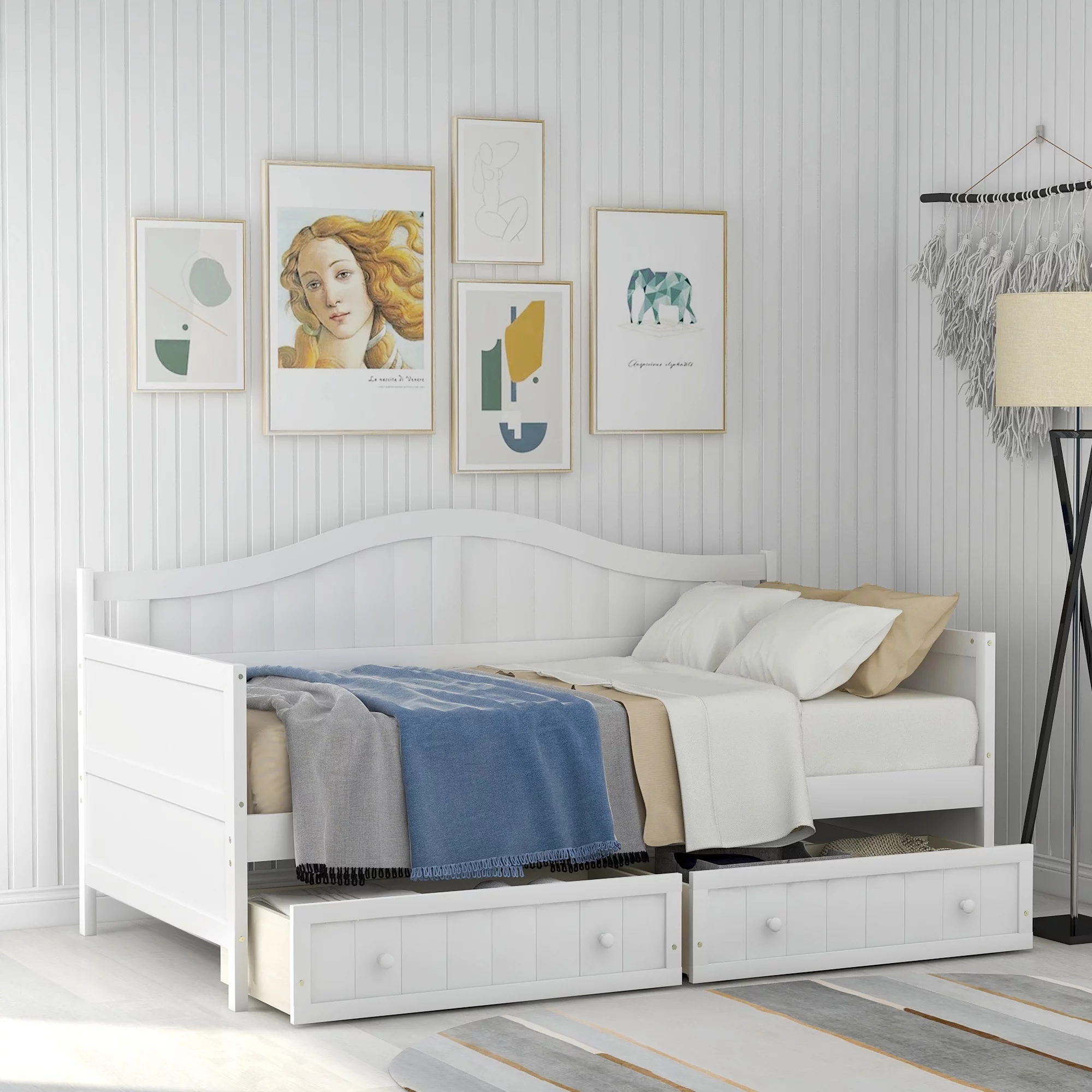 White Folding Chair Bed Double Wooden Sofa Bed Bedroom Living Room Sofa Bed Modern Pull Out Chair Bed With 2 Drawers No Spring Box For Living Room