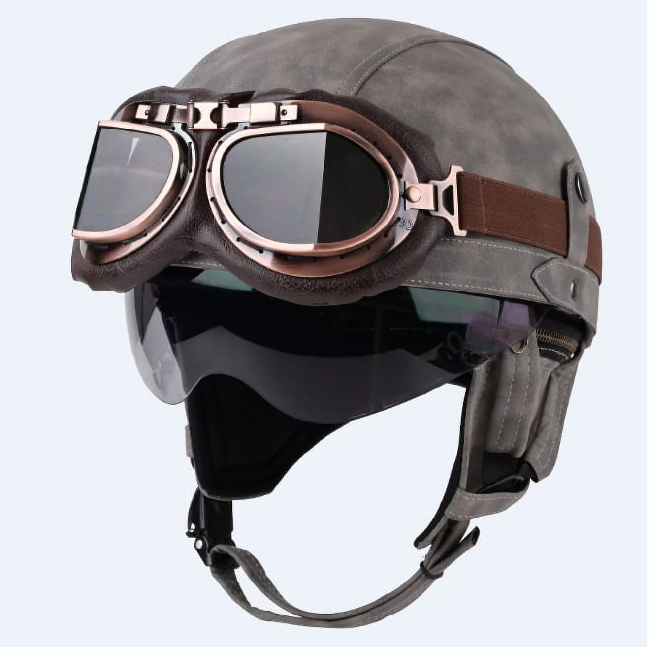 Motorcycle Half Helmet for Men Women Retro Handmade Leather Half Face Quick Release Buckle and Goggles Motorbike Scooter Helmet A1