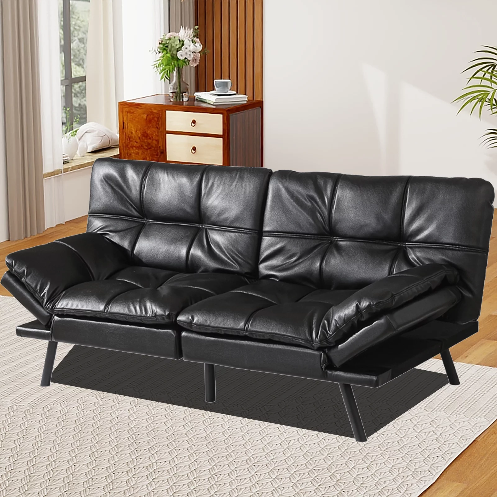 Convertible Memory Foam Futon Sofa Bed with Adjustable Armrests and Backrest, Black