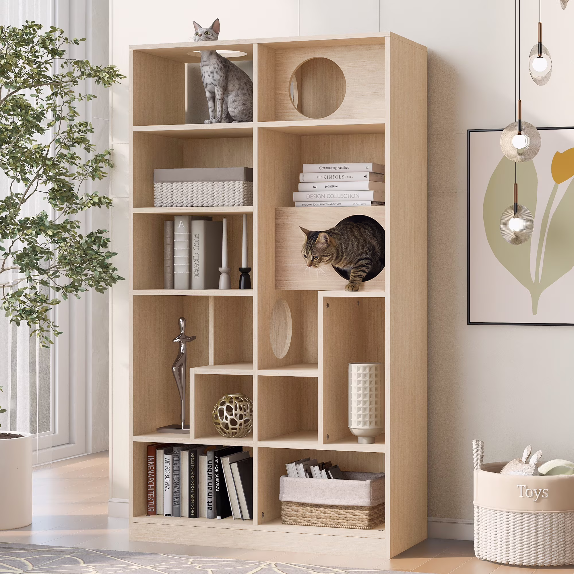 Wood Cat Tree Bookshelf - 2-in-1 Cat House with Storage, Modern Display Case &amp; Climbing Shelves for Indoor Cats
