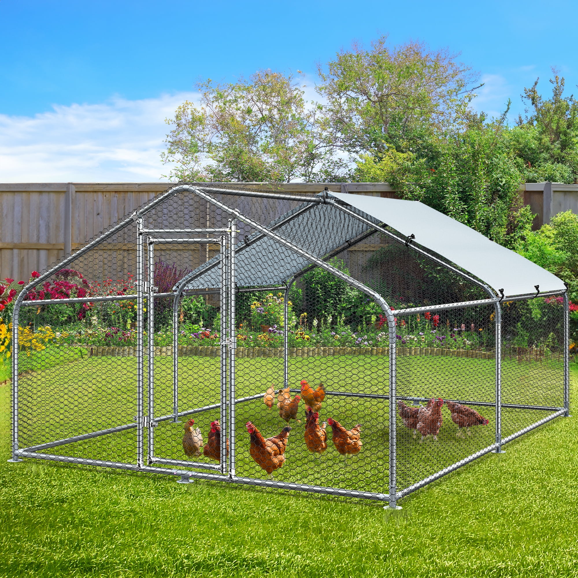 Dextrus Large Metal Chicken Coop Walk-in Poultry Cage Hen Run House Rabbits Habitat Cage Spire Shaped Coop with Waterproof and Anti-Ultraviolet Cover