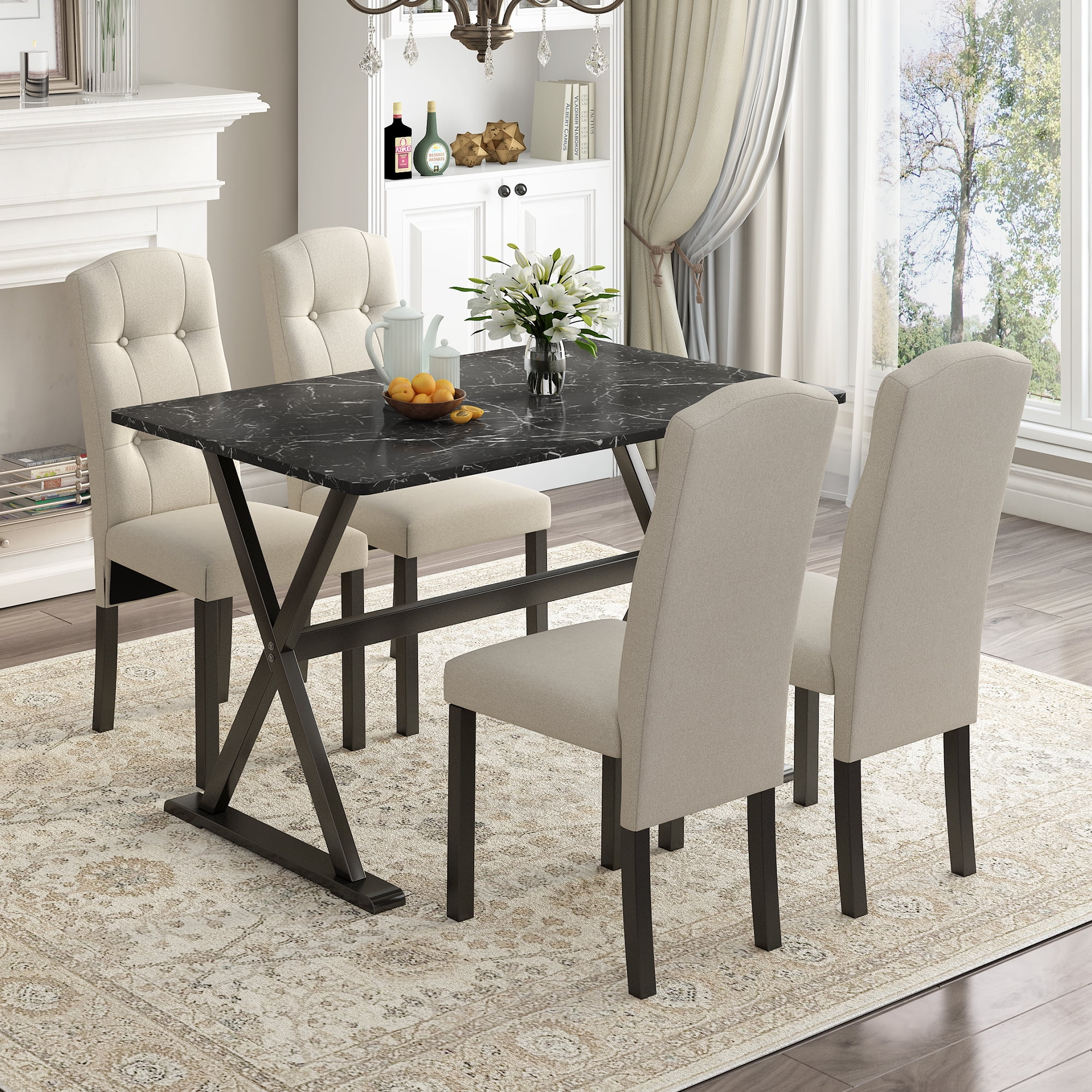 Atumon Dining Room Set for 4, 5 Piece Dining Set with Faux Marble Tabletop and 4 Upholstered Chairs, Wood Farmhouse Dining Room Set