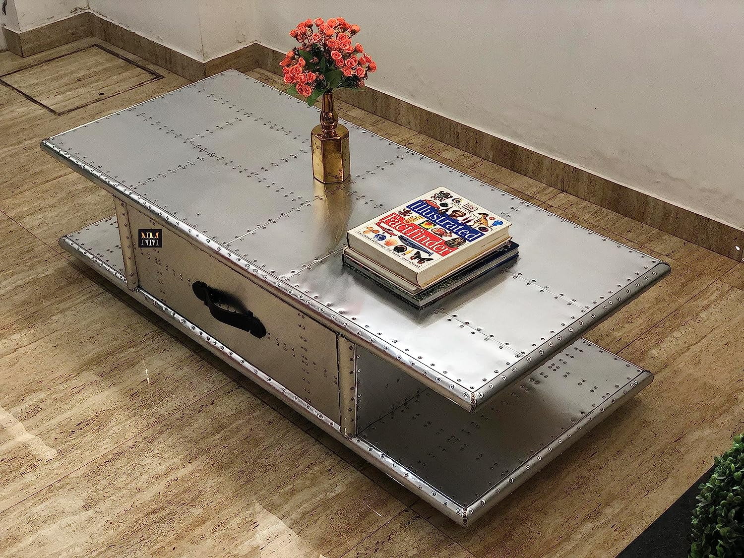 NauticalMart Aviator Coffee Table with Drawers Aluminum Rectangular Center Tea Table Housewarming Gift