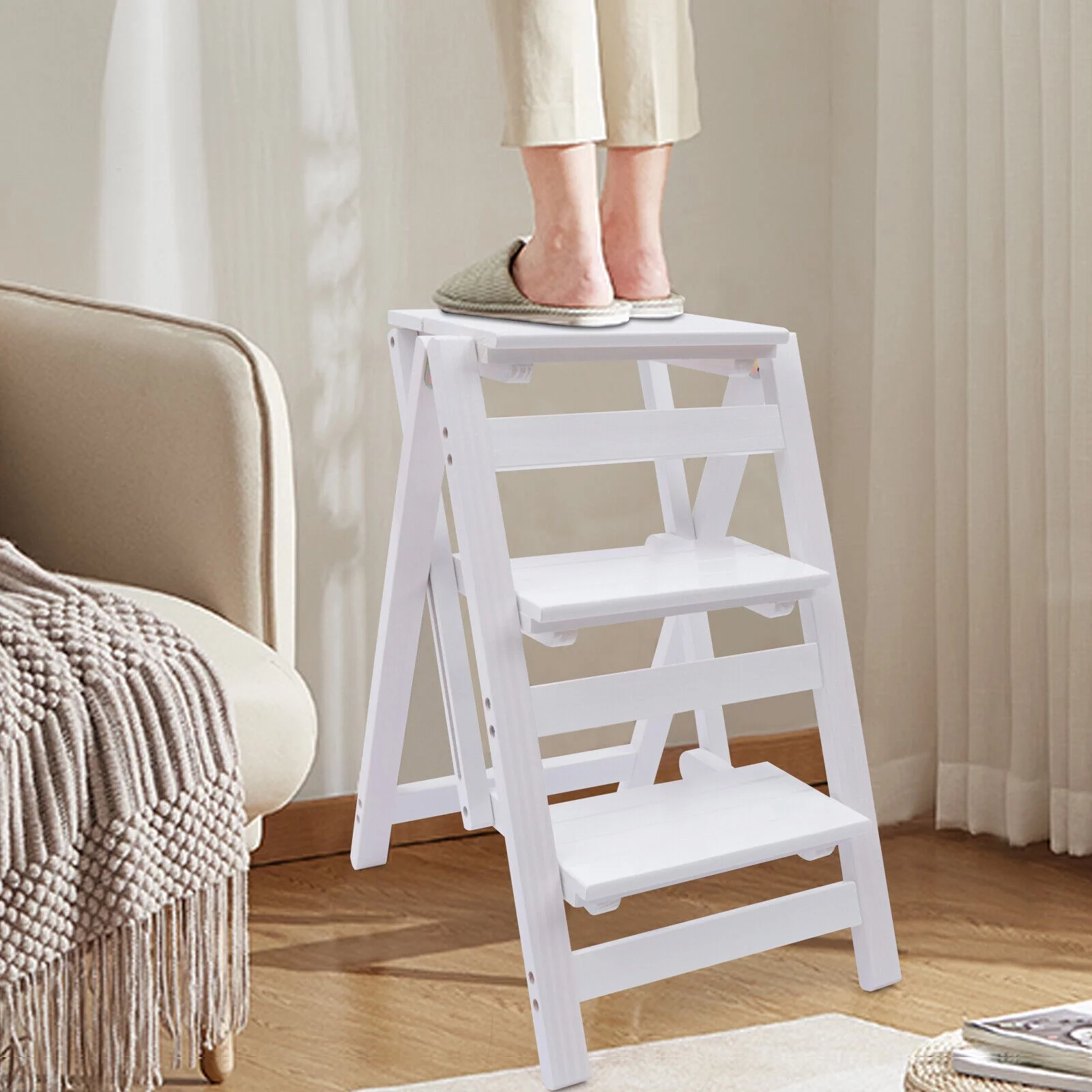 DENEST Folding Step Ladder 3-Layer Folding Wooden Step Stool Anti-Slip White 150kg