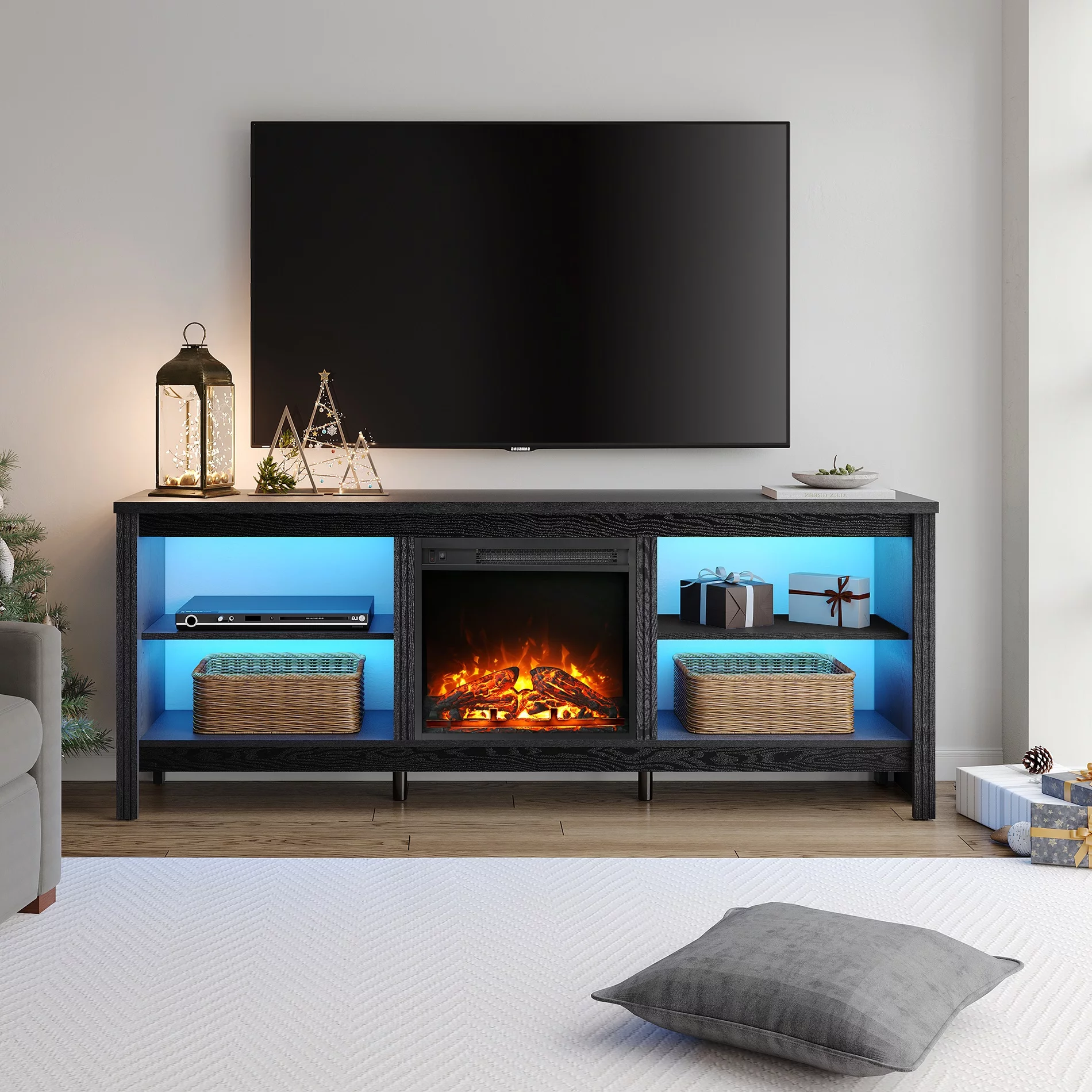 Fireplace TV Stand for TV's up to 75 Inch, LED Entertainment Center with Electric Fireplace, 70  inch, Black
