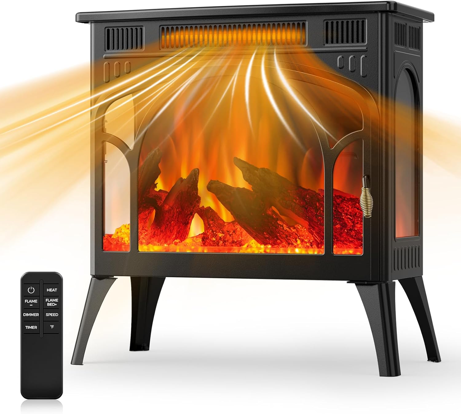 COWSAR Realistic Flame Electric Fireplace Stove, 500/1500W Freestanding Fireplace Heater with Remote Control and Timer