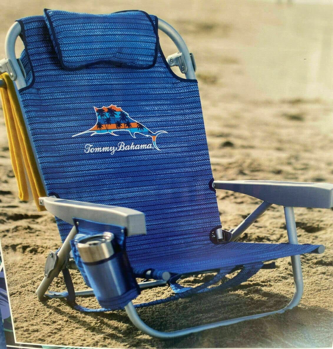 Tommy Bahama Backpack Beach Chair-New 2022 Designs-5-Position Classic Lay Flat-Insulated Cooler Towel Bar-Storage Pouch Sailfish and Palms