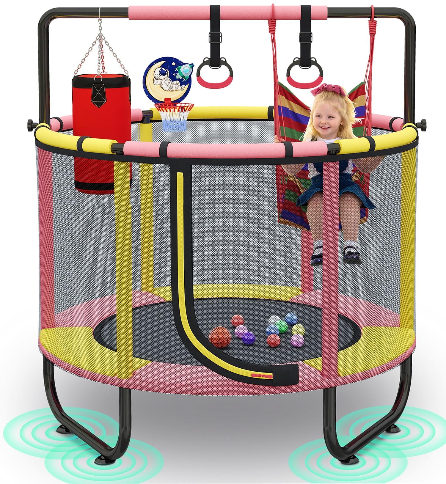 55'' Mini Trampoline for Kids, Small Toddler Trampoline with Enclosure, Indoor Outdoor Trampoline with Basketball Hoop, Adjustable Bar and Rings