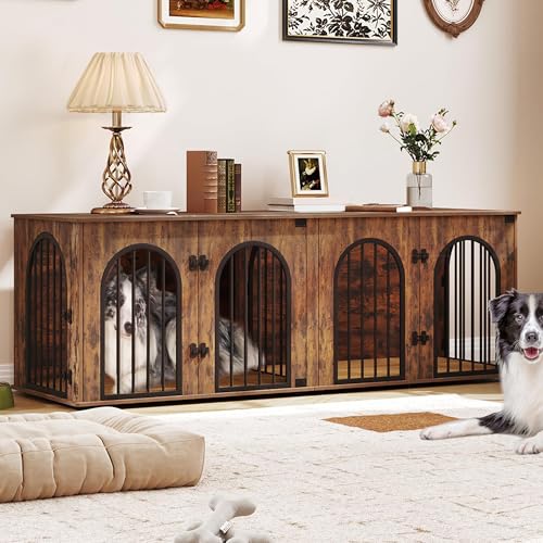 71" Dog Crate Furniture for 2 Dogs, Heavy Duty Indoor Dog Kennel TV Stand, XXL Wooden Dog Cage with Divider for Medium Large Dogs