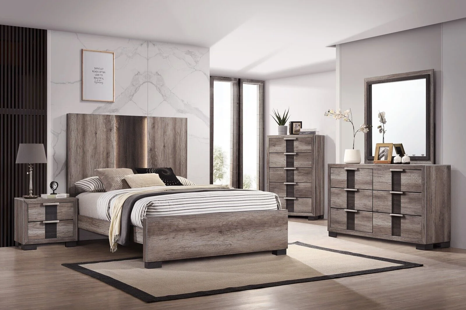 6Pc Beautiful Master Bedroom Suite Gray/Black Finish King Size Sleek Bed Set Solid Wood
