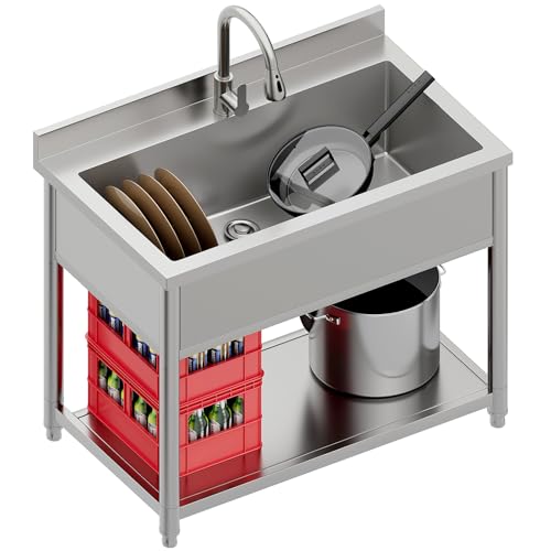 Stainless Steel Utility Sink, Large Freestanding Laundry Sink with Pull-out Faucet for Kitchen, Bathroom, Laundry Room, Garage, Outdoor/Indoor Use
