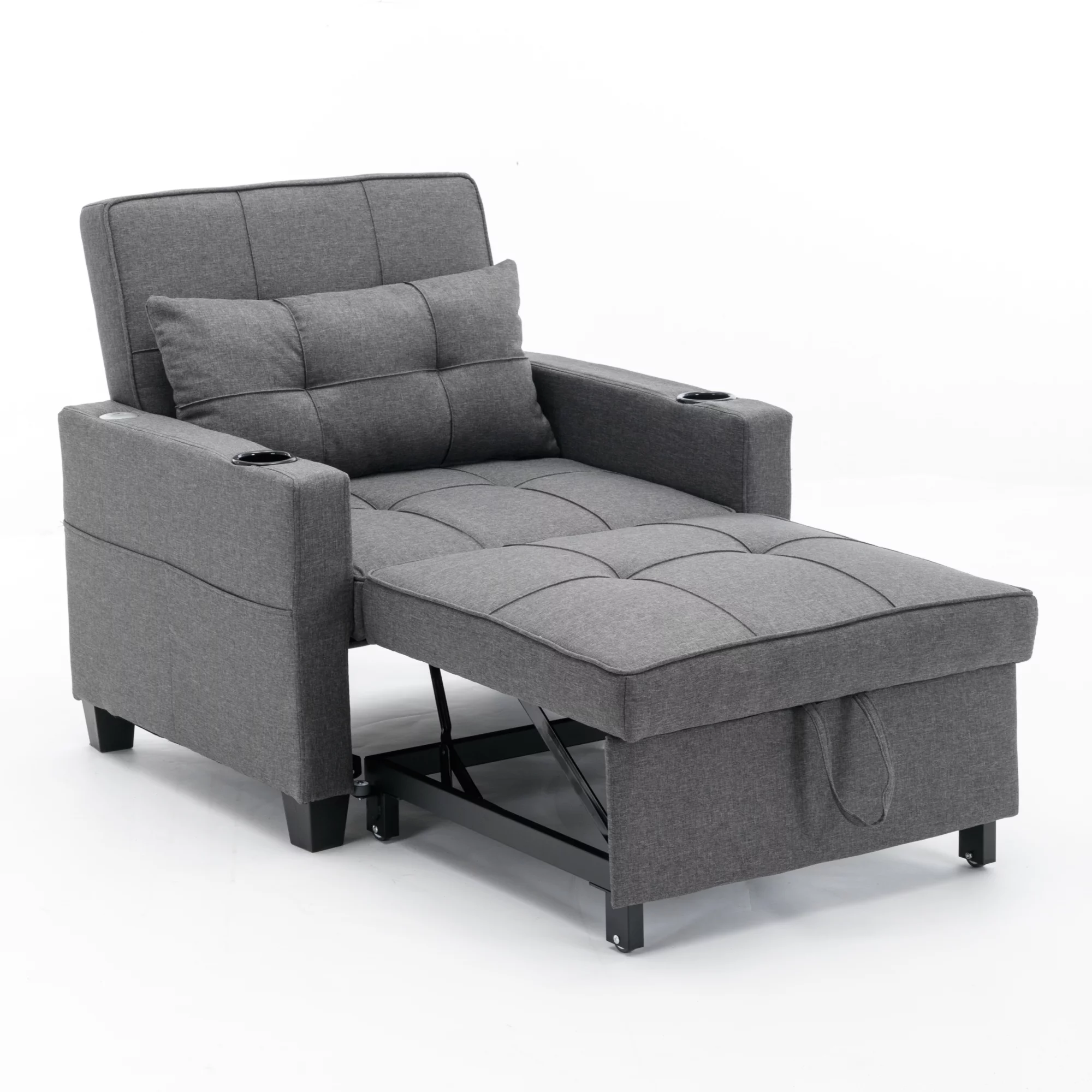 Futon Chair Bed Convertible Chair 3-in-1 Pull Out Sleeper Chair Beds with USB Ports, Armchair Bed Sleeper for Living Room (Dark Grey Linen)