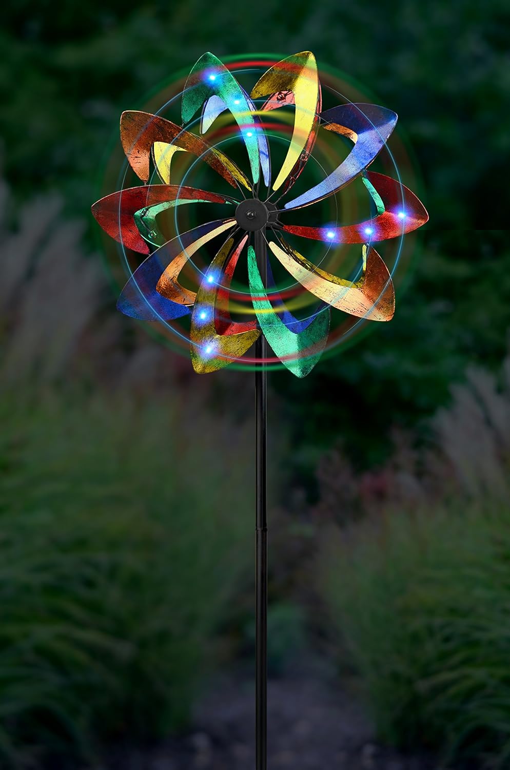 Red Carpet Studios 34417 Vibrant Garden Art Spinner, Multicolor Petal, with Wind Powered Lights