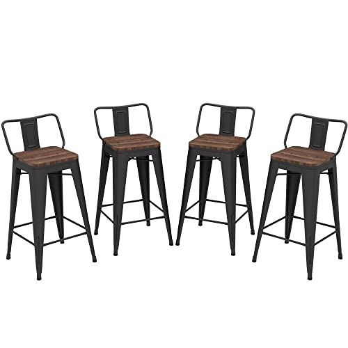Andeworld Bar Stools Set of 4 Counter Height Stools Industrial Metal Distressed Barstools with Low Back Wooden Seats (30 Inch, Distressed White)