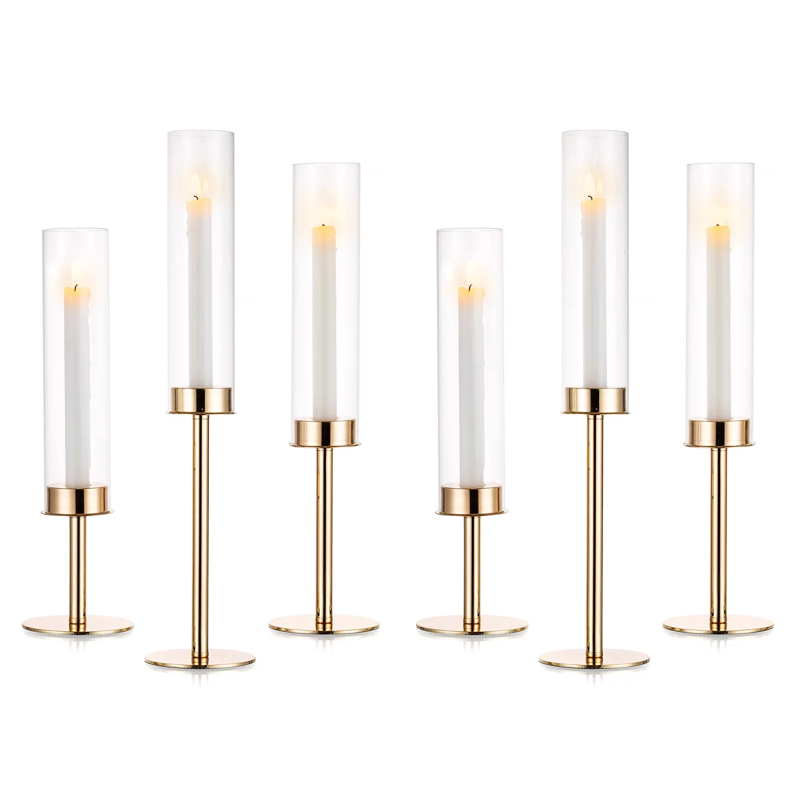 Nuptio Gold Taper Candle Holders with Hurricane Glass Tall Brass Candlestick Holder for Wedding Christmas Table Centerpiece Set of 6