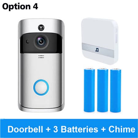 Wireless Video Doorbell with WiFi Security Camera Intercom Phone Ring, Size: Doorbell + Batteries + Chime, Silver