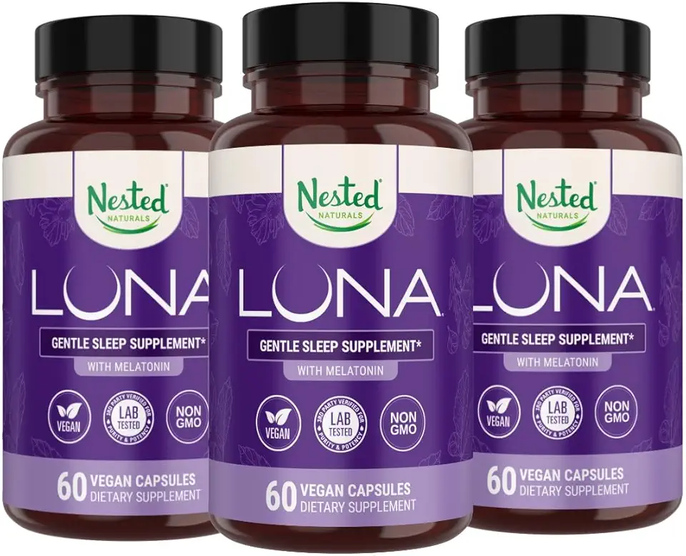 Nested Naturals Luna Herbal Sleep Supplement with Melatonin, Valerian Root, Chamomile | 180 Vegan Capsules (3-Pack) - 60 Capsules Per Bottle