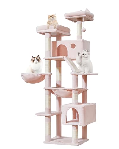 71-Inch Large Cat Tree for Large Cats, Plush Multi-Level Cat Condo with 8 Scratching Posts, 2 Perches, Cave, Hammock, 2 Pompoms