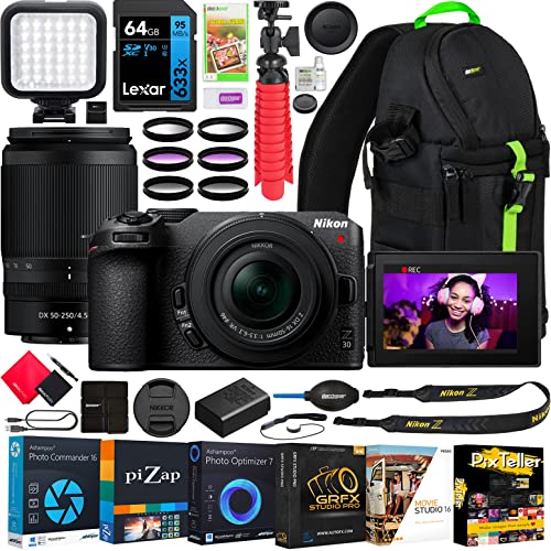 Nikon Z30 Mirrorless Camera with 2 Lens Kit NIKKOR Z DX 16-50mm F3.5-6.3 VR and 50-250mm F4.5-6.3 VR Bundle 1743 w/Deco Gear Photography Backpack +