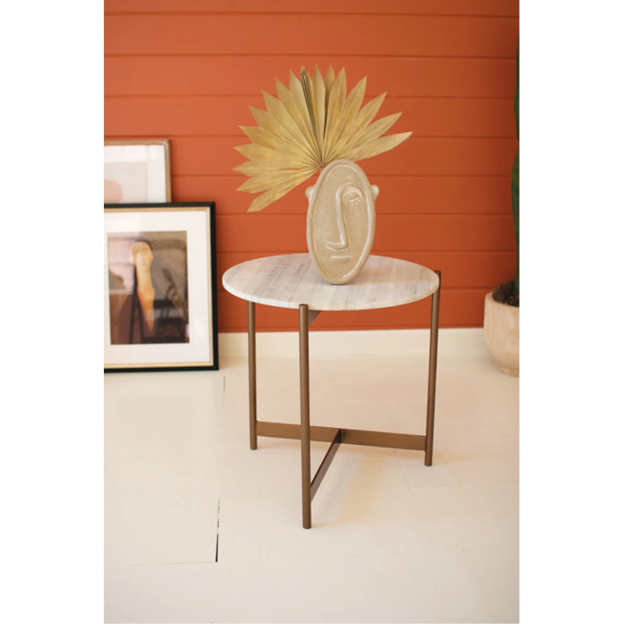 Iron Side Table With Marble Top Brass/White