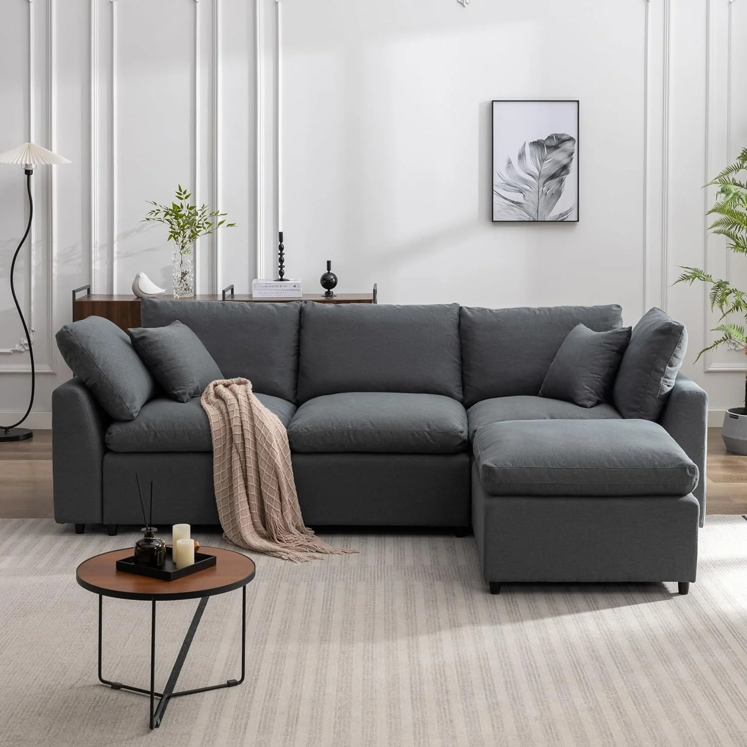 LUCKHAO 4 Seat Oversized Couches for Living Room ，Modular Sectional Sofa, Down Filled Upholstery Convertible Sectional Sofa