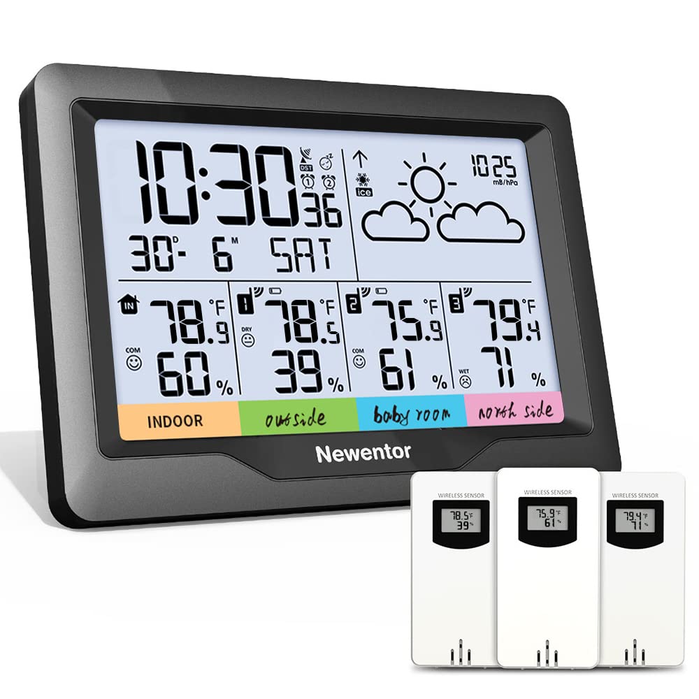 Newentor Weather Station Wireless Indoor Outdoor Multiple Sensors, Outdoor Thermometer Hygrometer with Atomic Alarm Clock