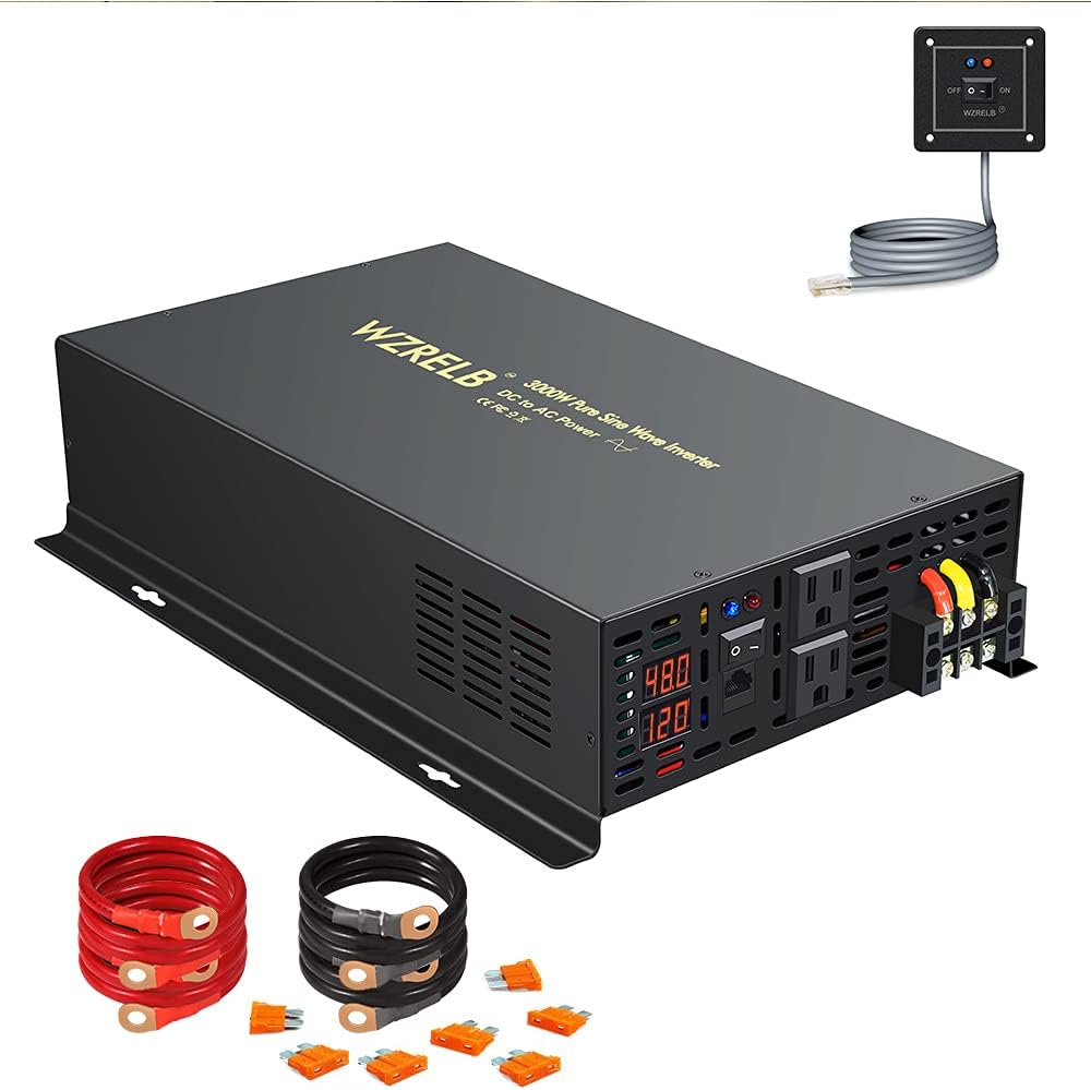 WZRELB Power Inverter Pure Sine Wave 3000Watt 48V DC to 110V 120V with Remote Control Dual AC Outlets and AC Hardwire Port Solar Power Inverter