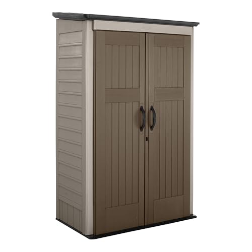 Rubbermaid Vertical Resin Outdoor Storage Shed With Floor (4 x 2.5 Ft) Weather Resistant Beige/Brown Organization for Home/Backyard/Pool