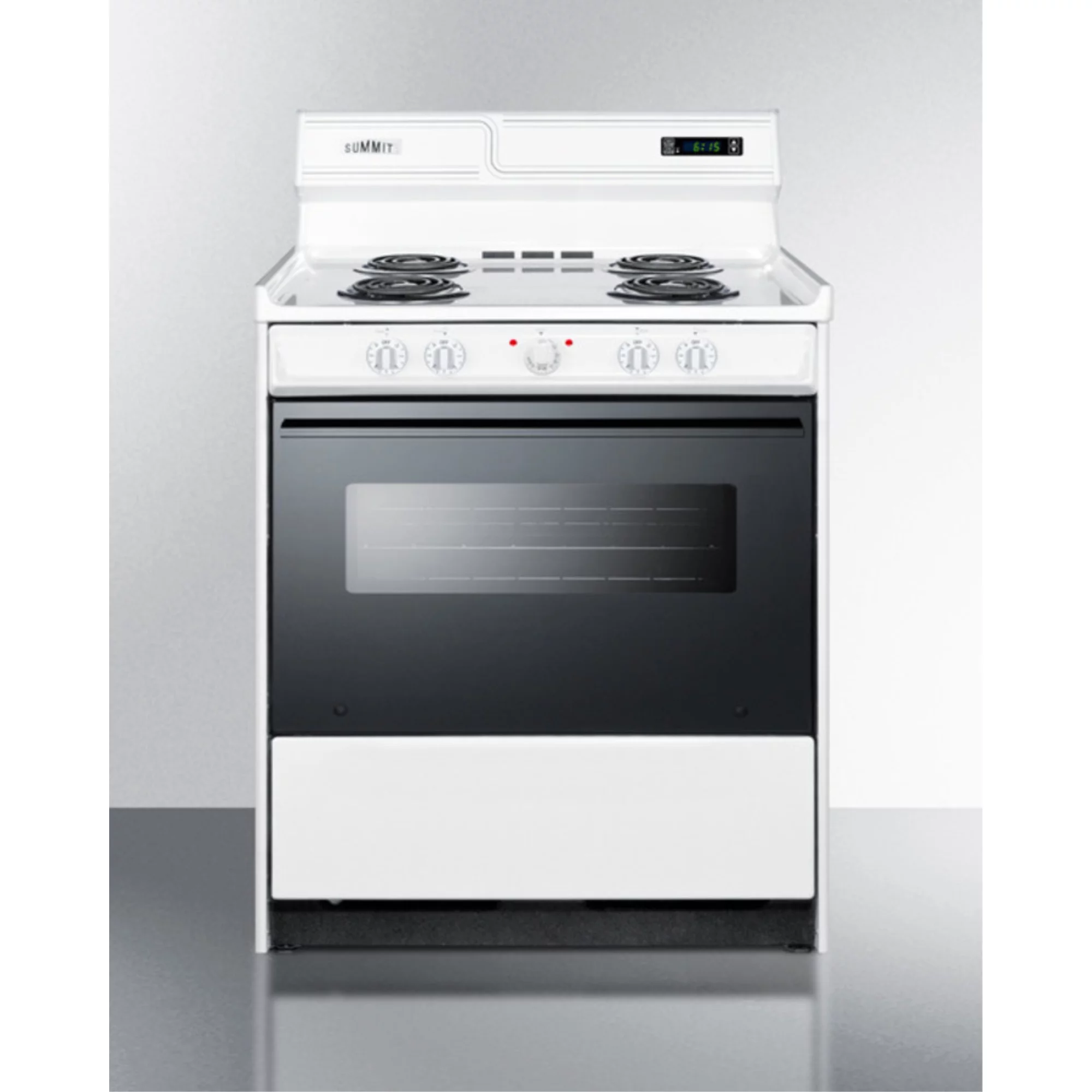 30" wide electric coil top range in white with black door, oven window, and high backguard