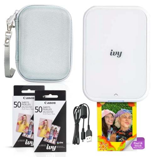 Canon Ivy 2 Mini Photo Printer (Pure White) - Bluetooth, Print from iOS & Android Devices, Bundle Incl. 110 Zink Sticky-Back Prints, LED Light Bar