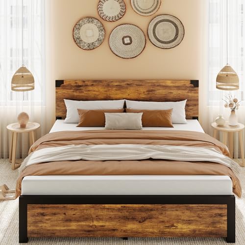 GAOMON Full Bed Frame, Platform Full Size Bed Frame with Wood Headboard, Metal Full Bed Frame with Under Bed Storage and Support Legs, Noise Free