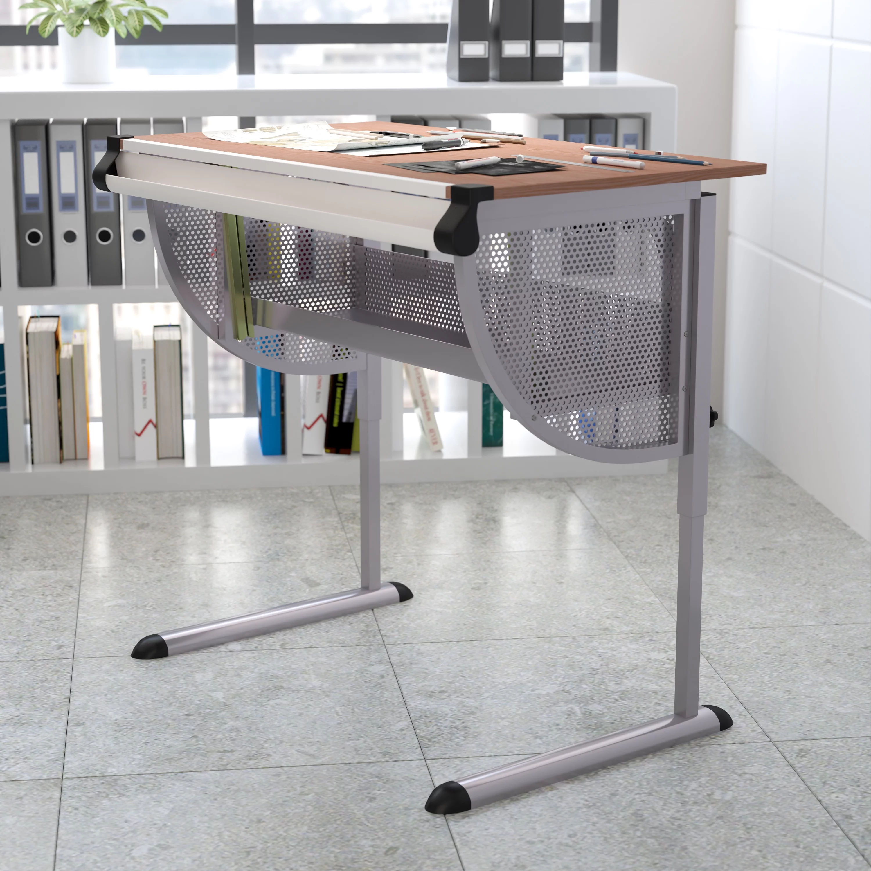 BizChair Adjustable Drawing and Drafting Table with Pewter Frame