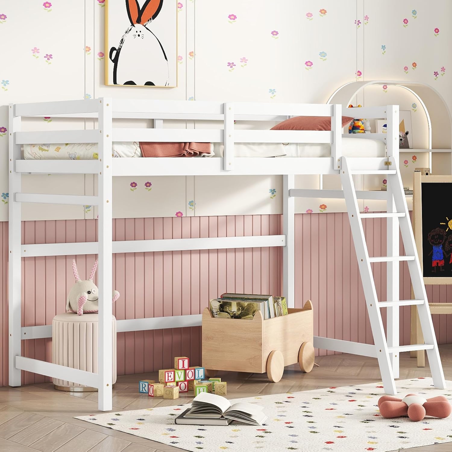 Twin Size High Loft Bed with Ladder Safety Guardrail,Wooden Loft Bed Frame for Kids/Teens,Space-Saving Design for Boys/Girls Bedroom,Easy Assemble