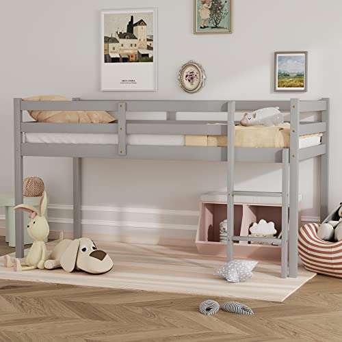 Tmosi Low Loft Bed Twin,Solid Wood Kids Twin Bed Frame with Ladders and Guard Rails,Space Saving Twin Size Loft Bed for Girl Boy,No Box Spring Needed