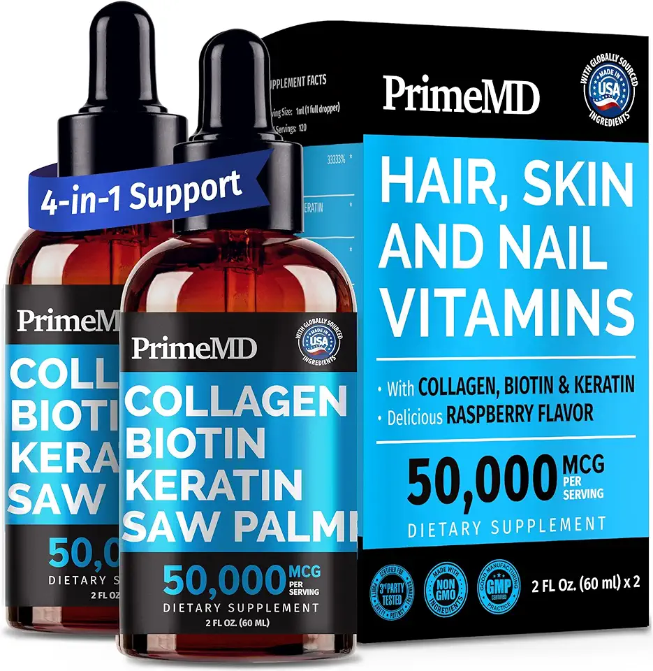 Liquid Collagen Peptides for Women - Serum Complex with Biotin Vitamin, Hydrolyzed Keratin Protein and Saw Palmetto - Comprehensive Formula for Hair
