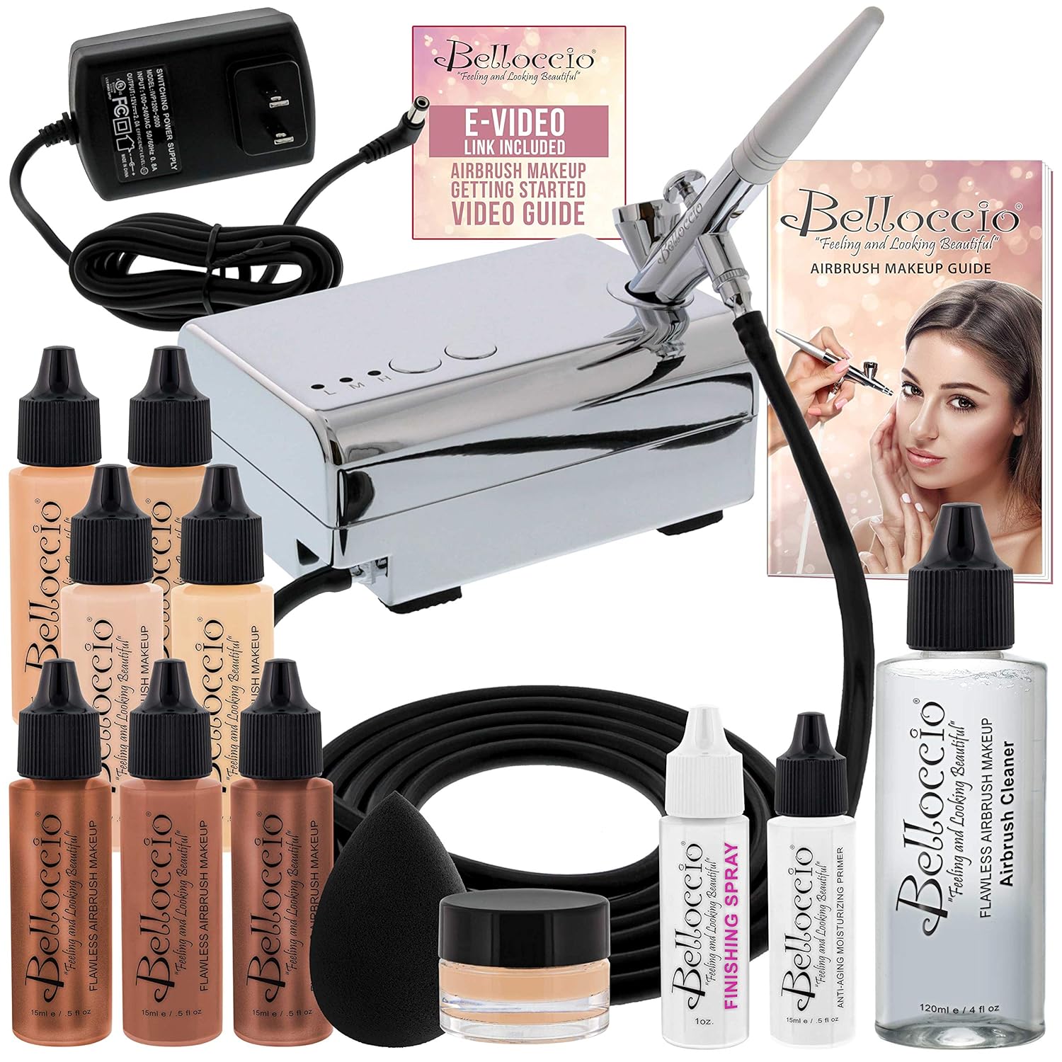 Belloccio Professional Beauty Deluxe Airbrush Cosmetic Makeup System with 4 Fair Shades of Foundation in 1/2 oz Bottles - Kit includes Blush