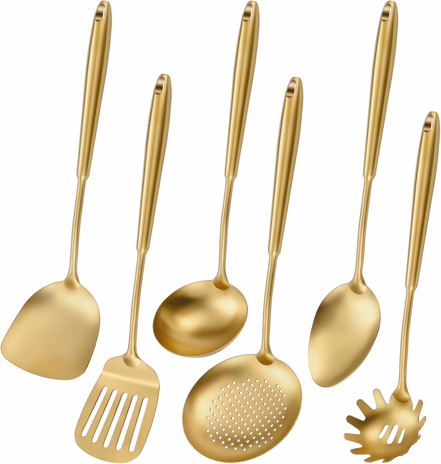 304 Stainless Steel Cooking Utensils,6 Pcs Kitchen Cooking Utensils Set with Spatula, Solid Spoon, Ladle, Skimmer, Spaghetti Spoon