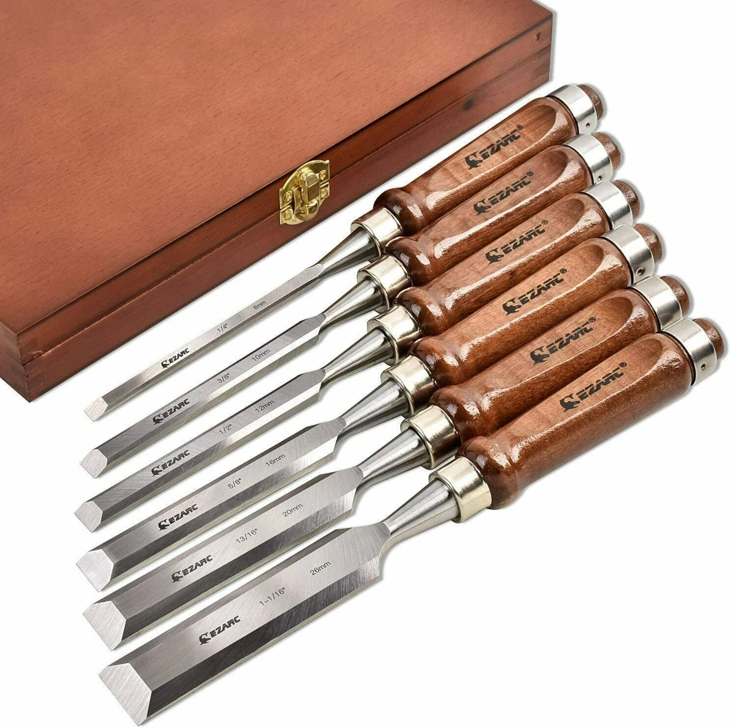 EZARC 6pc Wood Chisel Set for Woodworking - CRV Steel with Black Walnut Handle in Wood Storage Box