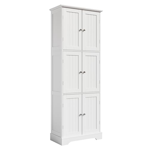 ChooChoo Tall Bathroom Storage Cabinet with 6 Doors, Freestanding Floor Cabinet with Adjustable Shelves, White Pantry Cabinet for Bathroom, Kitchen