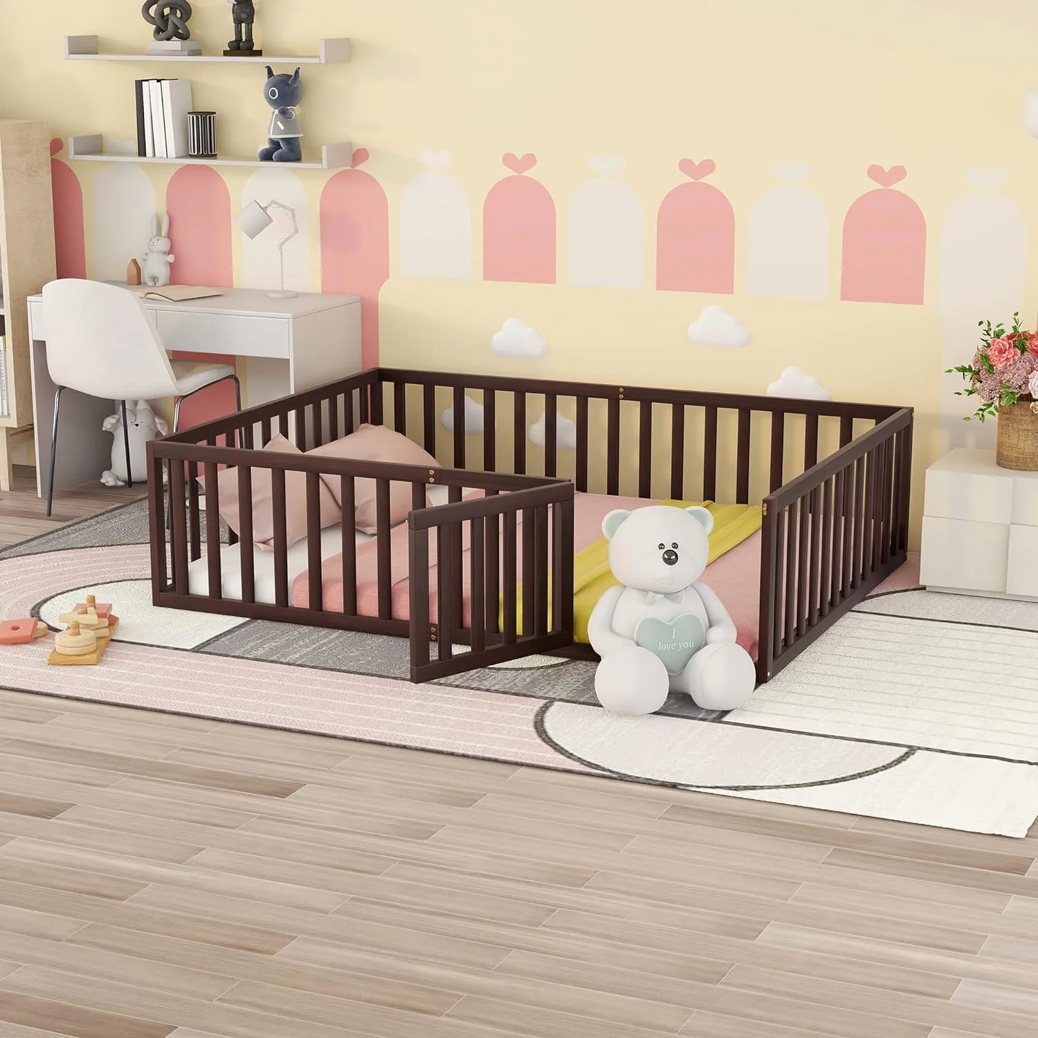 Queen Floor Bed With Fence For Kids, Montessori Floor Bed, Wood Platform Bed Frame Cabin Bed For Girls Boys, Walnut