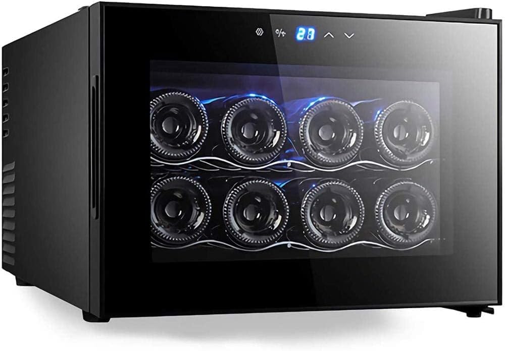 Mini Wine Cooler 8 Bottle Thermoelectric Wine Cellar Fridge Small Countertop Constant Humidity Wine Refrigerator Wooden Shelves Glass Door Black
