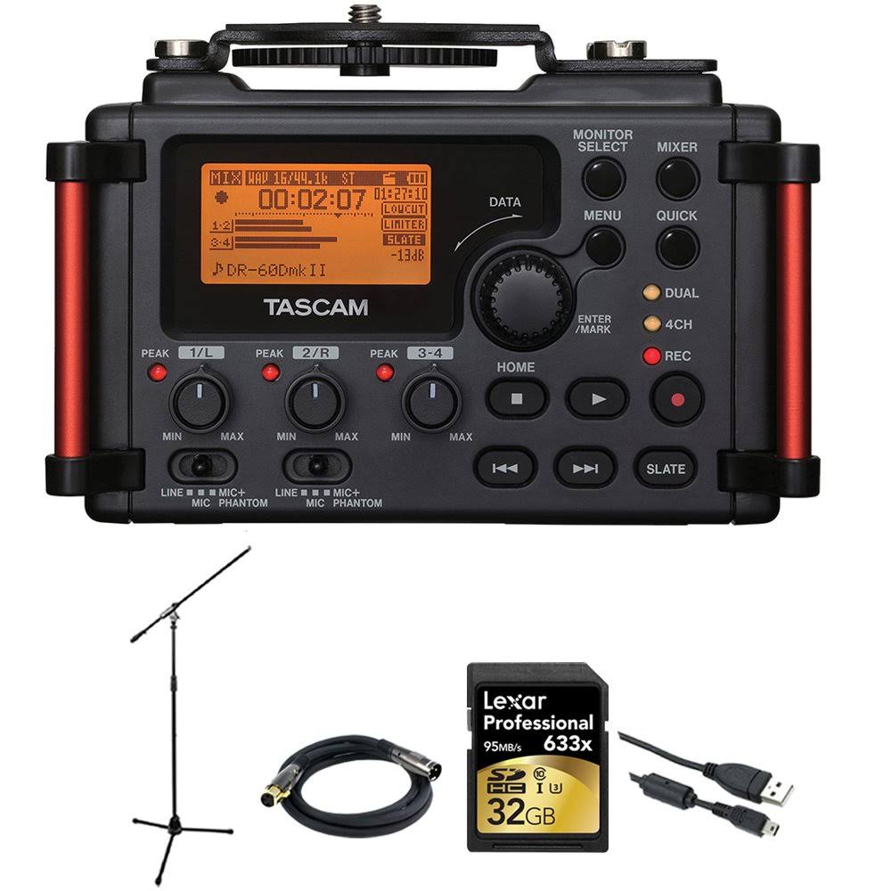 Tascam Portable Recorder for DSLR (dr-60dmkii) + 32GB SDHC Class 10 Memory Card + XLR 10& M-F 16AWG Gold Plated Cable + Professi