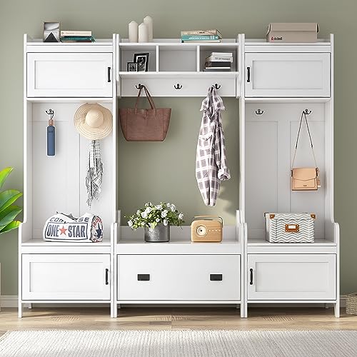 3-in-1 Hall Tree, Coat Rack, Multiple Mudroom Bench with Metal Hooks, Storage Space and 24 Shoe Cubbies for Entryway, Black