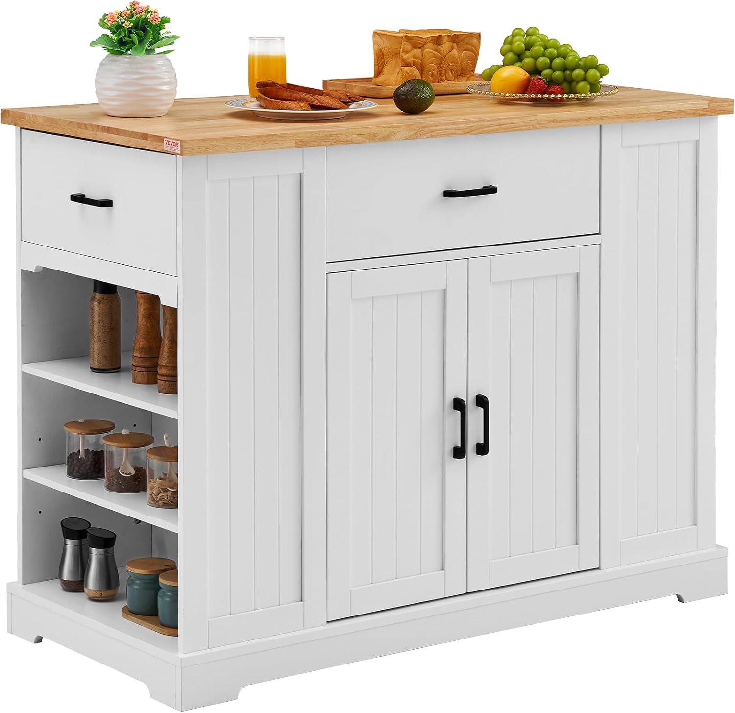 VEVOR Kitchen Island Cart, 46" Wood Top Breakfast Bar with Storage Cabinet, Farmhouse Kitchen Table with Adjustable Shelf, Drawer