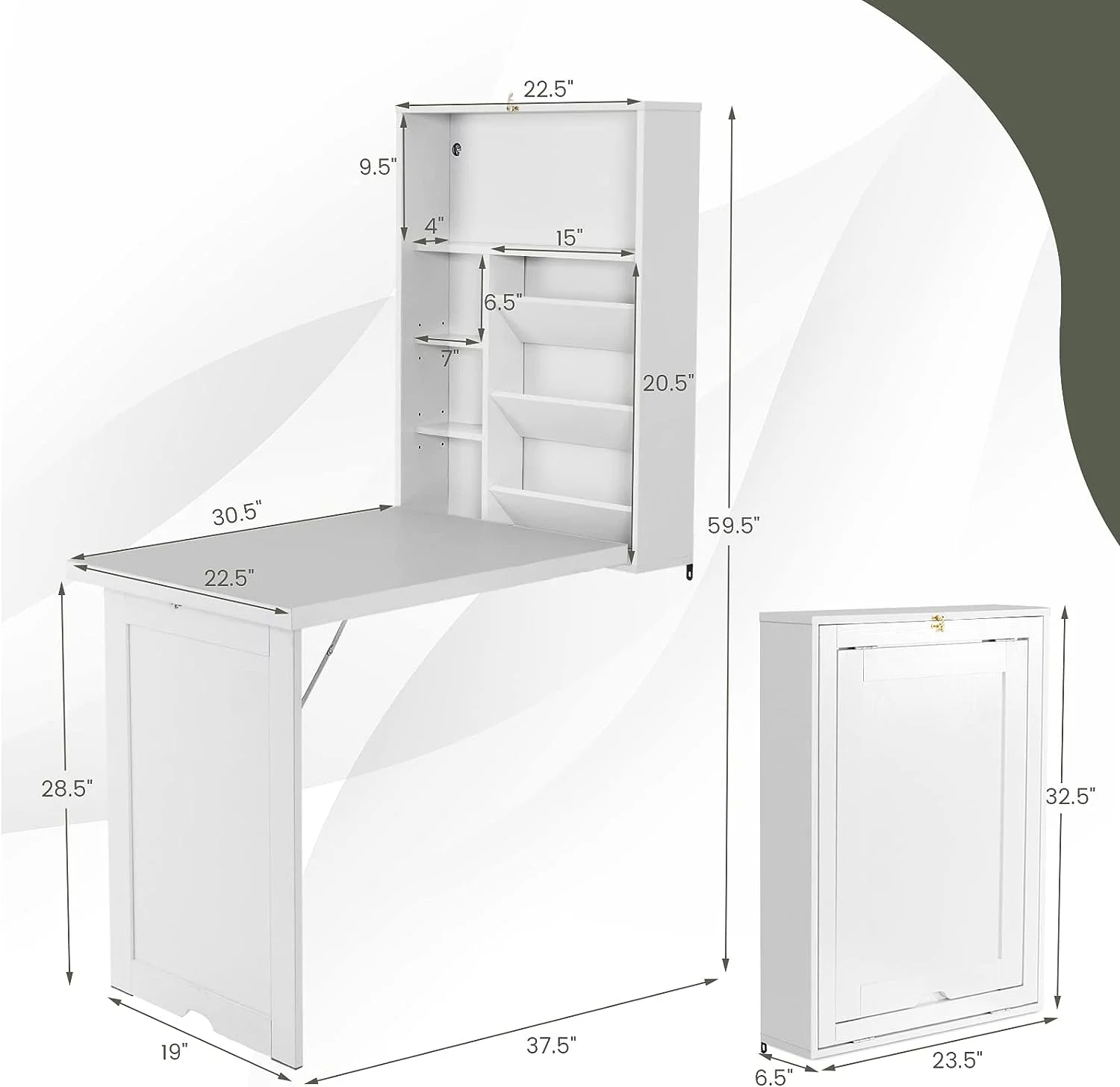 Wall Mounted Table w/Classified Storage Space, Foldable Multiple-Purpose Desk, Sturdy Wood Structure, Floating Convertible Desk/Cabinet for Apartment