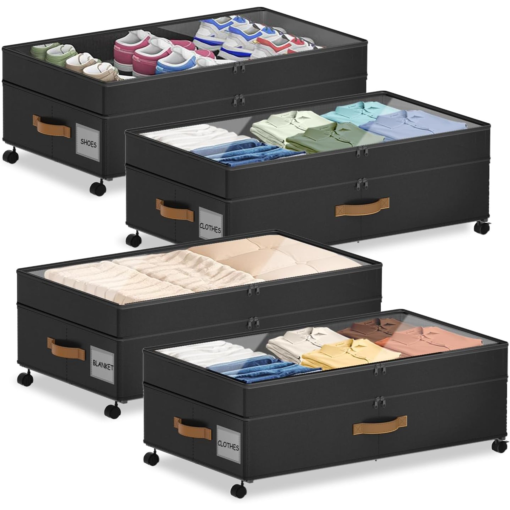 4 Pack Under Bed Storage with Wheels, Adjustable Height Storage Containers, 10 inches Large Capacity Rolling Underbed with Lids