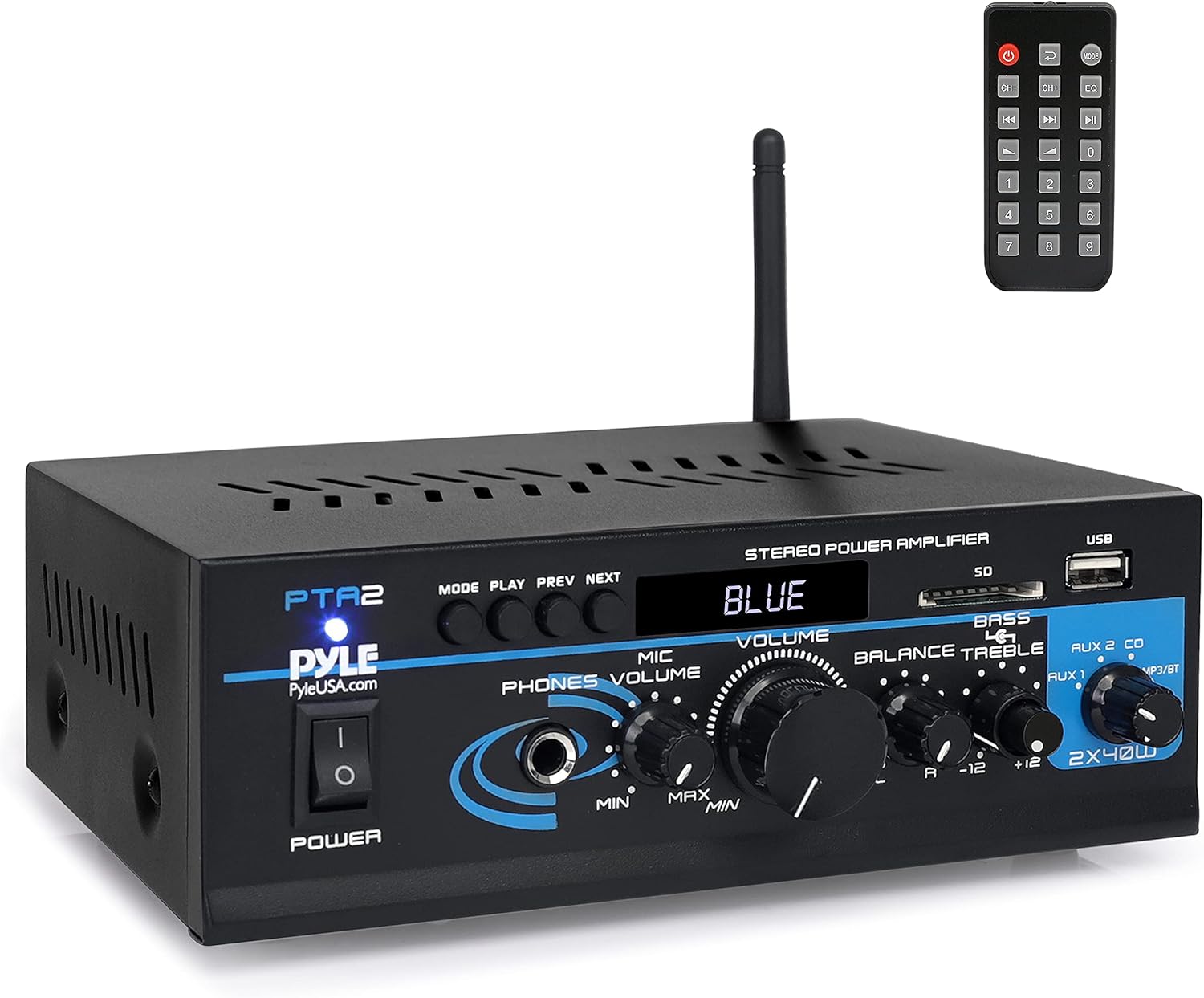 Pyle Home Audio Power Amplifier System - 2X40W Bluetooth Mini Dual Channel Mixer Sound Stereo Receiver Box w/ AUX, Mic Input - For Amplified Speakers